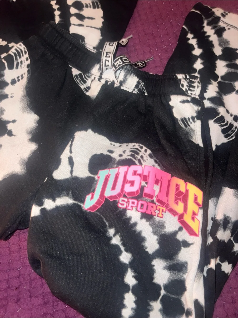 Justice Black & White Tie-Dye Joggers with Neon Logo size M 10